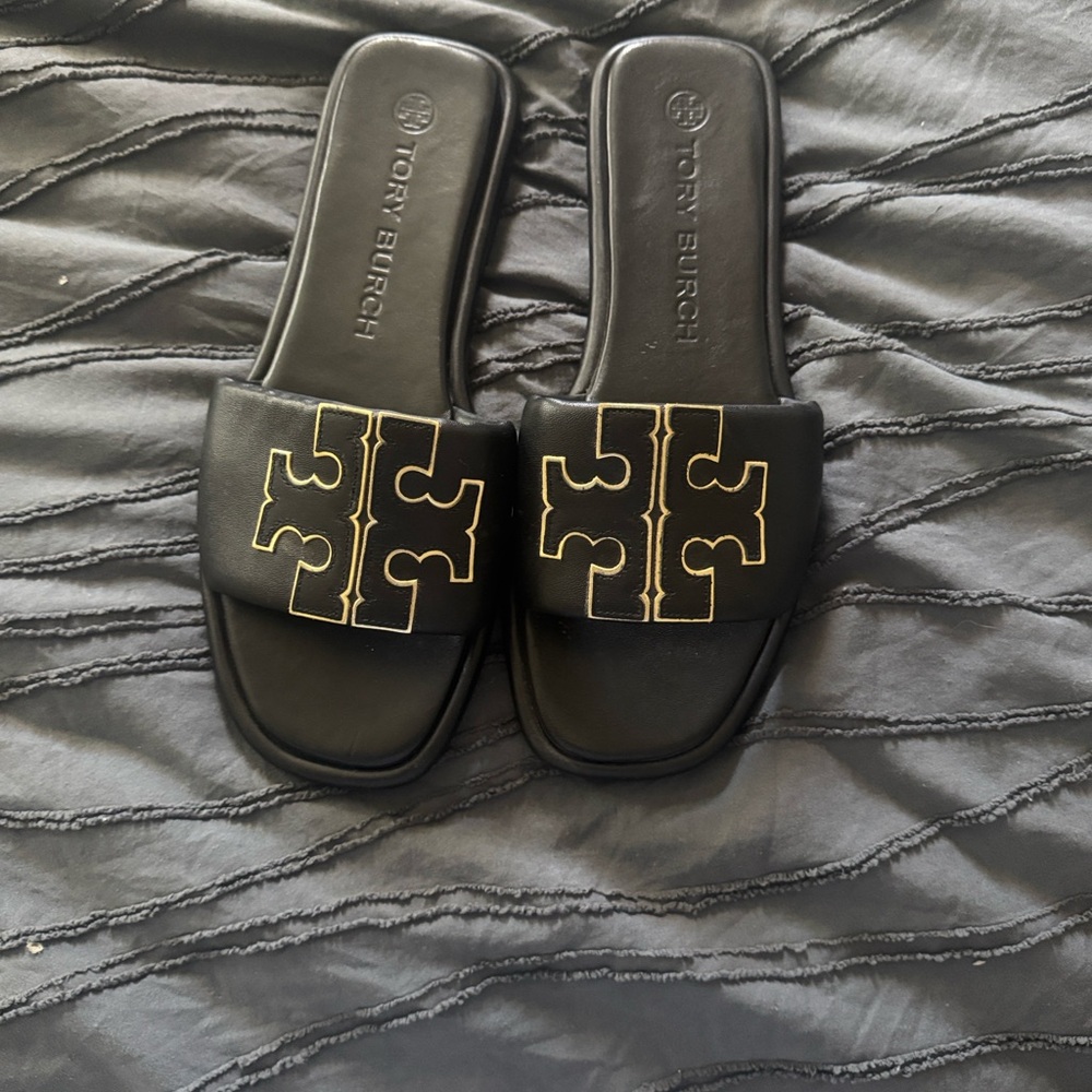 Tory Burch Black and Gold Slide Sandals